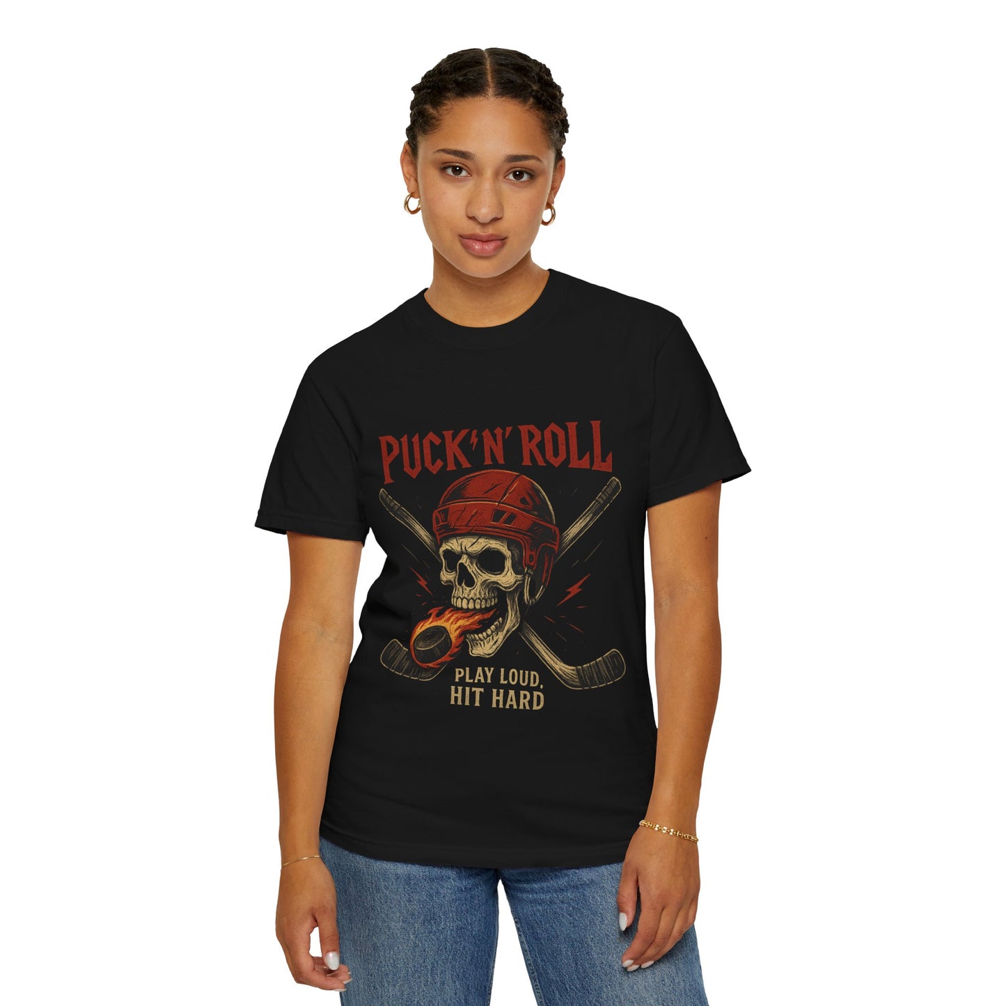 Unisex Puck'n'Roll T-Shirt - Play Loud, Hit Hard - Hockey Skull Design
