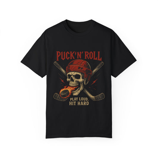 Unisex Puck'n'Roll T-Shirt - Play Loud, Hit Hard - Hockey Skull Design